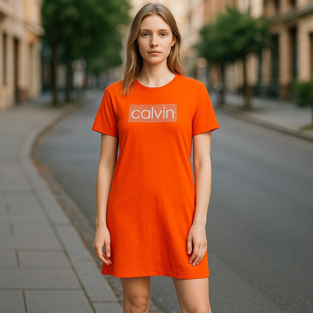 NWT Calvin Klein Rhinestone Logo T Shirt Dress Orange Medium